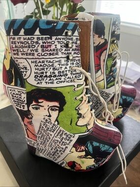 Jeffrey Campbell Damsel Multicolor Comic-Print Platform Lace-Up Boots